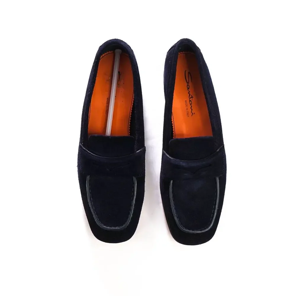 $850 SANTONI - Navy Blue Suede Loafers -  US 7.5 (6.5UK)
